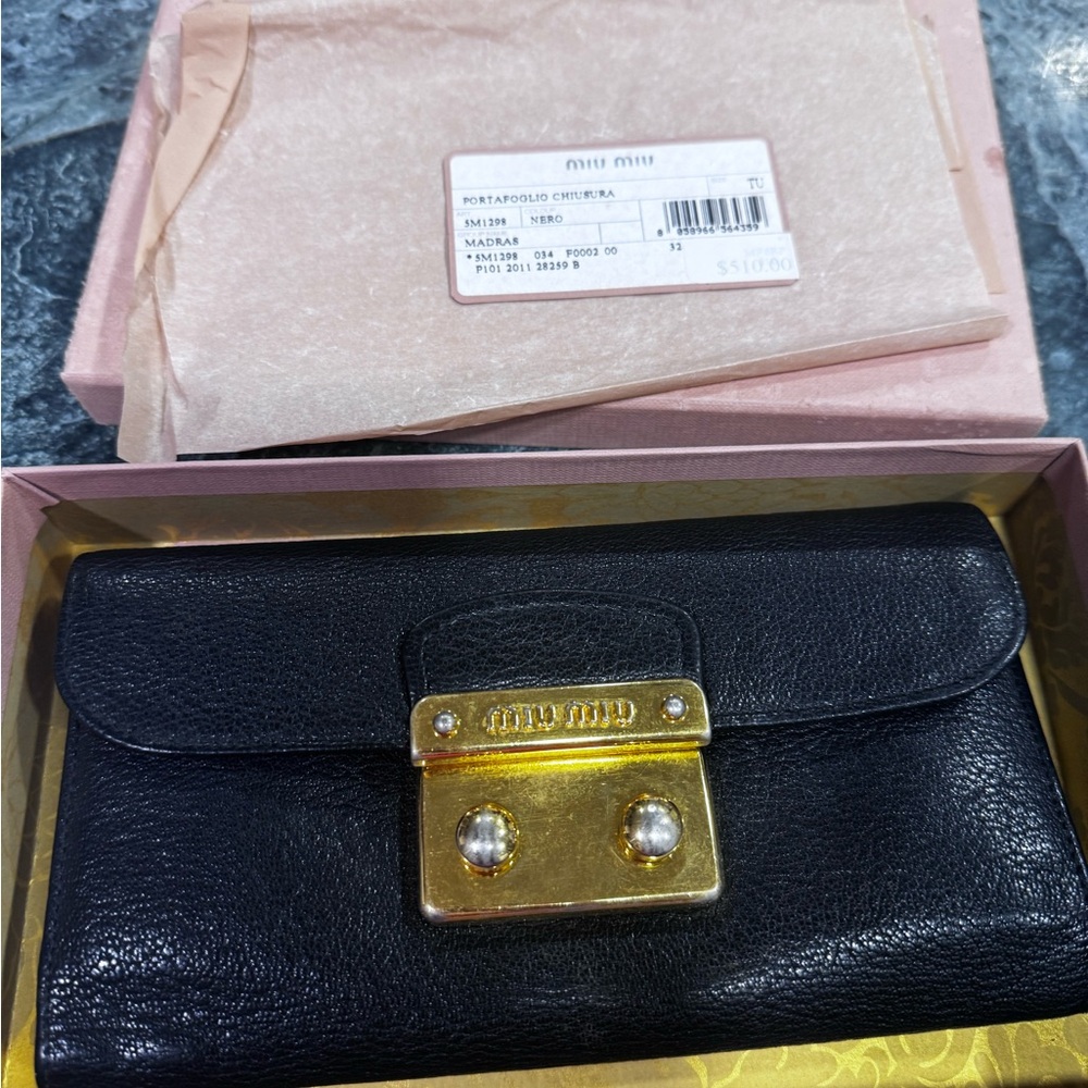 Miu Miu black and gold wallet comes with Blush Pink Storage Box